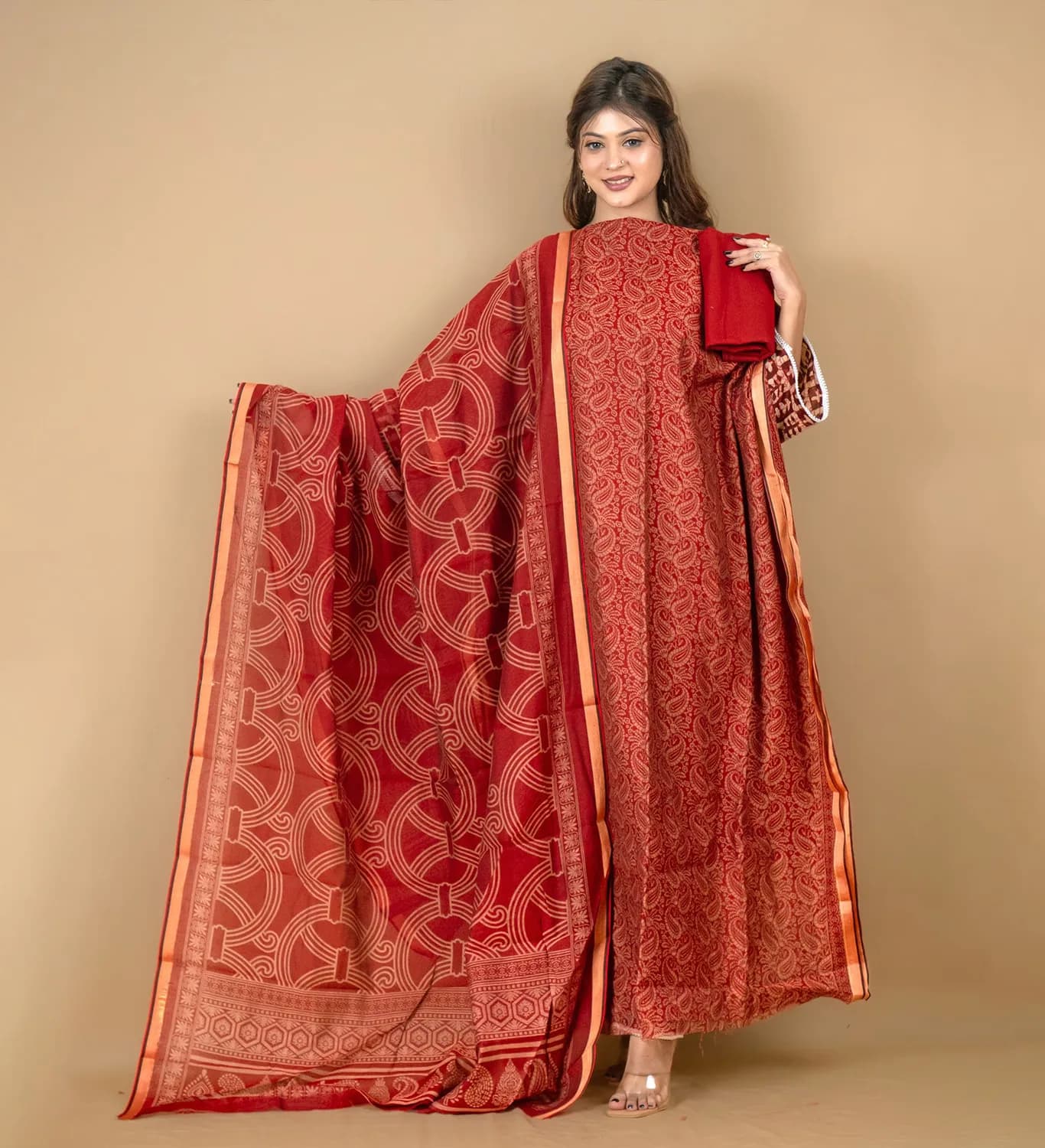 Red Unstitch Printed Kota Cotton Salwar Kameez C- 11961