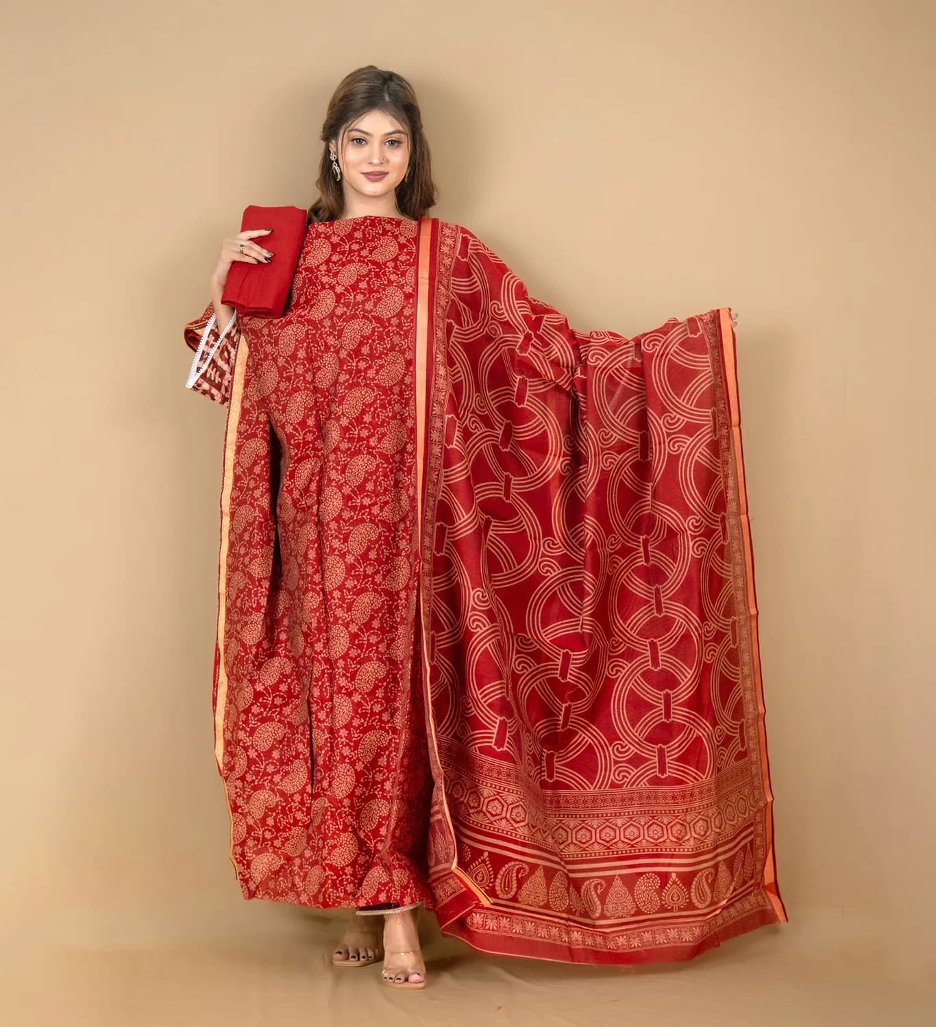 Red Unstitch Printed Kota Cotton Salwar Kameez C-11953