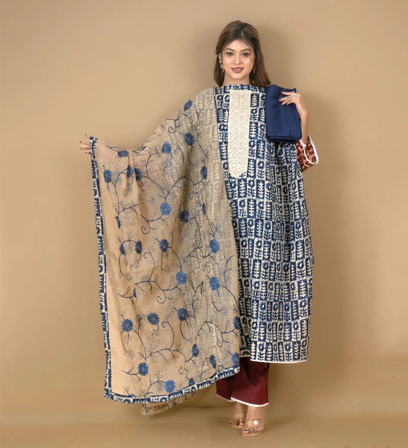 Blue Beige Embroidered Printed Lawn Salwar Kameez (Unstitched) – C-11938