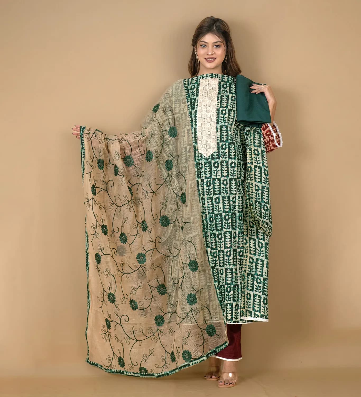 Green Beige Embroidered Printed Lawn Salwar Kameez (Unstitched) – C-11937