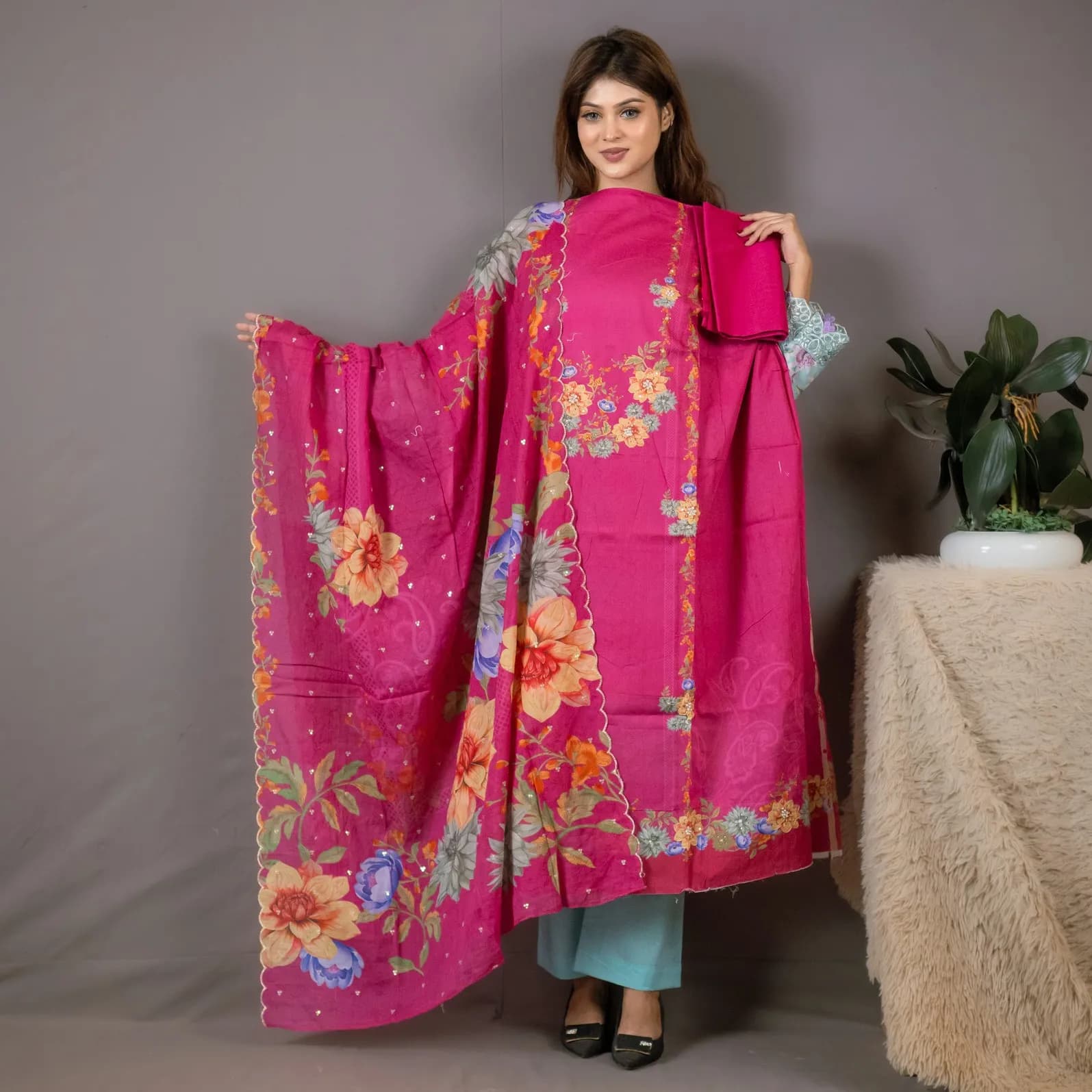 Pink Embroidered Printed Cotton Salwar Kameez (Unstitched) – C-11986
