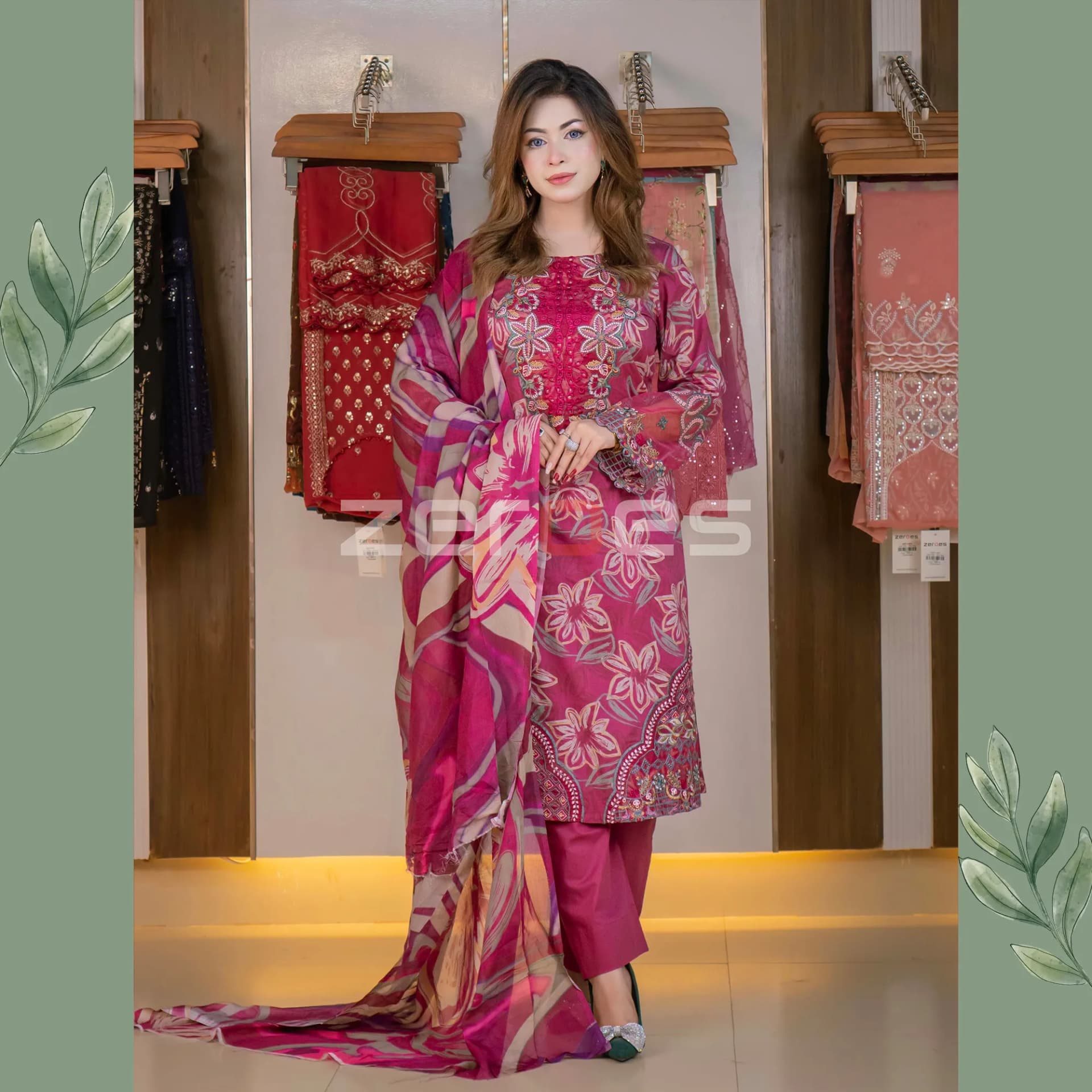 Fire Brick Stitch Unstitch Embroidered Printed Cotton Salwar Kameez C-10498 Stitching Available