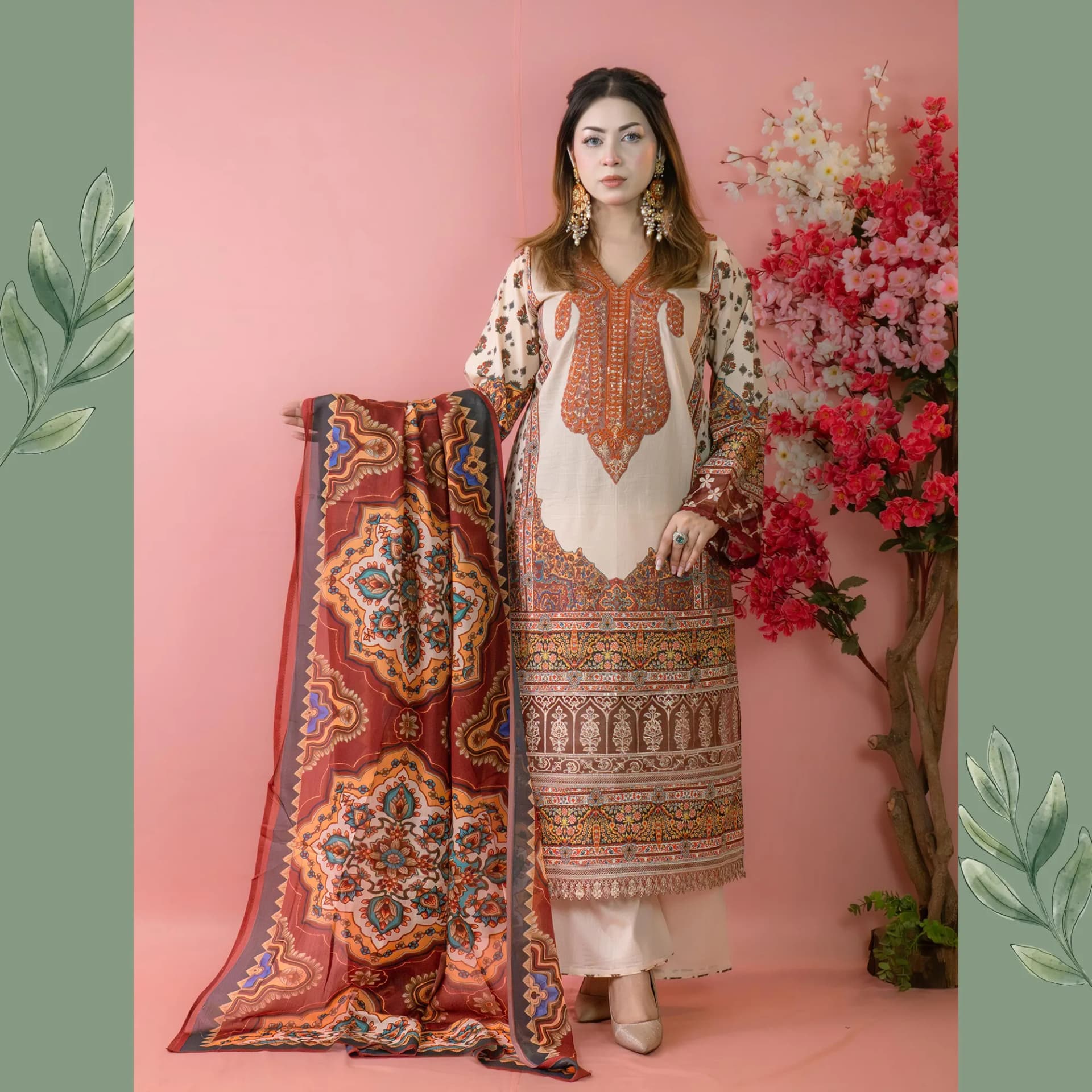 Beige Embroidered Printed Cotton Salwar Kameez C-11442 – Stitching Available