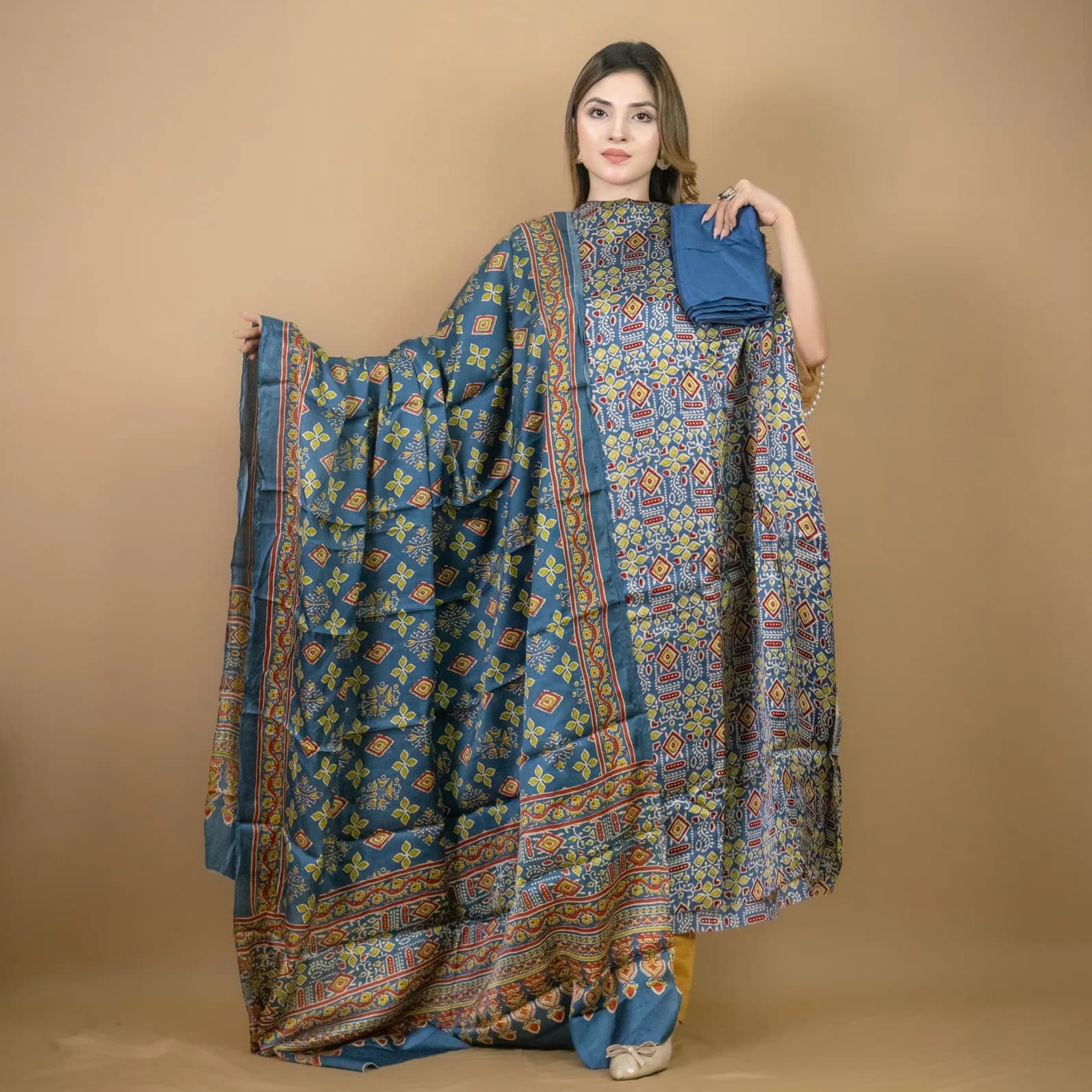 Teal Blue Unstitch Printed Silk Salwar Kameez C-12044