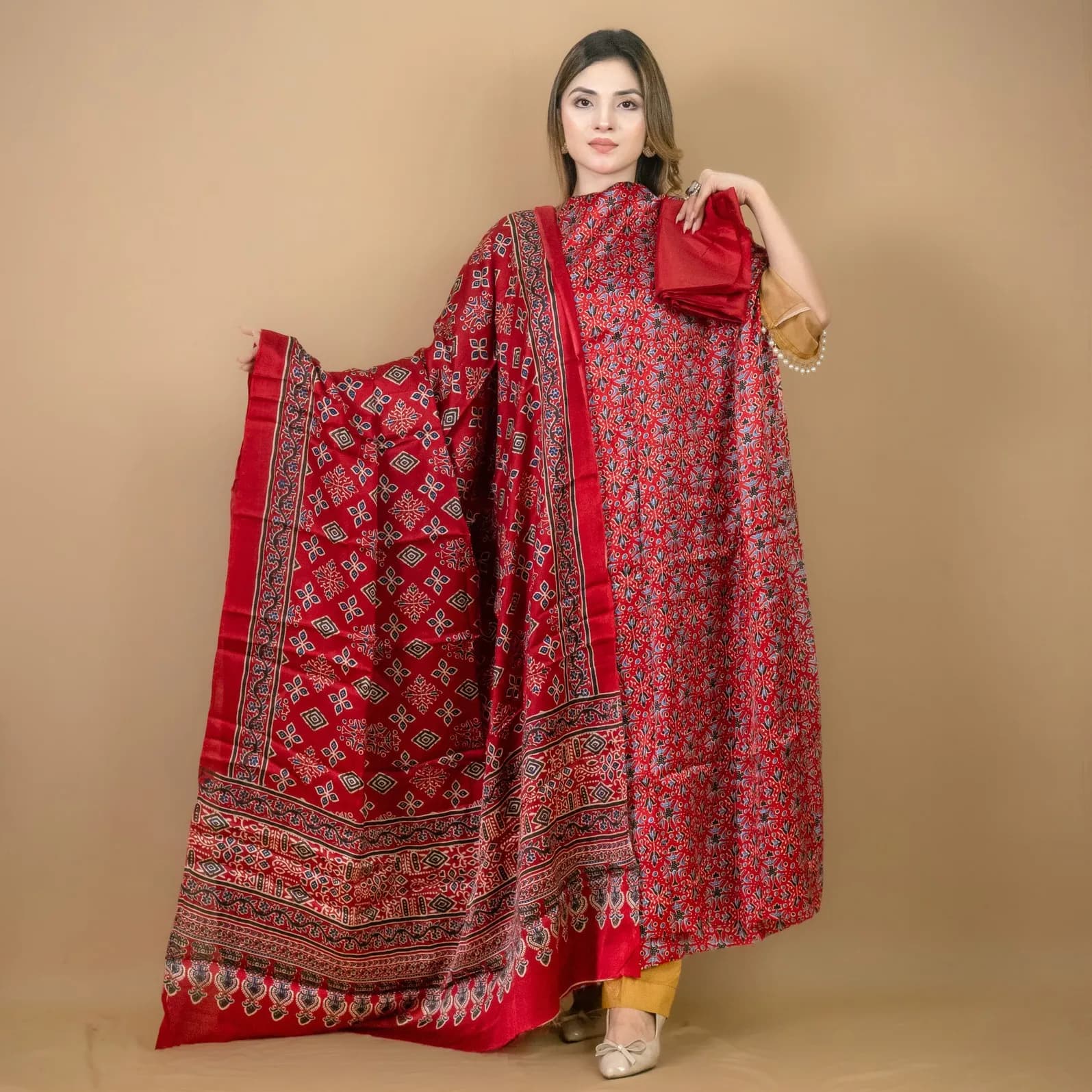 Red Unstitch Printed Silk Salwar Kameez C-12049