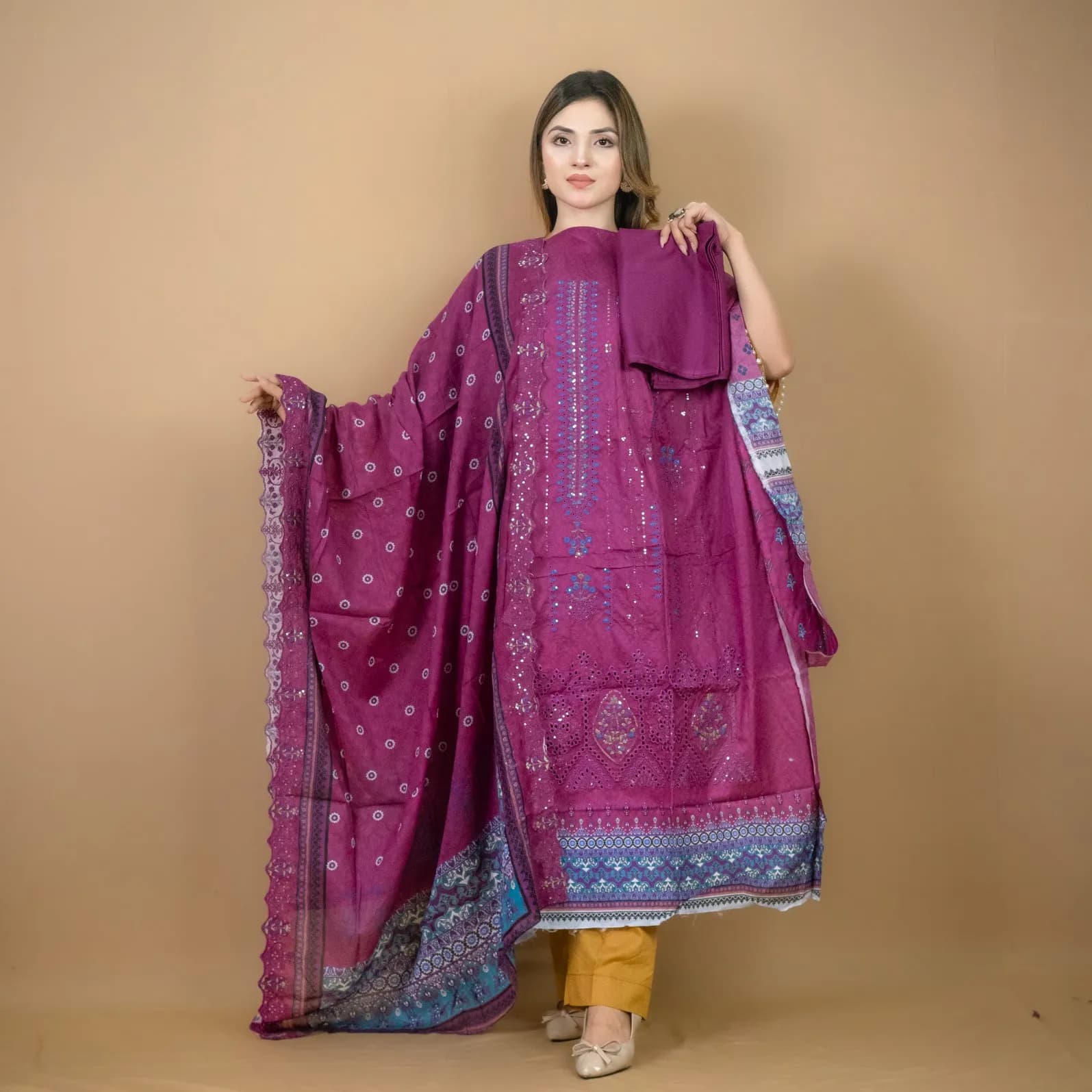 Deep Purple Embroidered Printed Lawn Salwar Kameez (Stitched/Unstitched) – C-12054