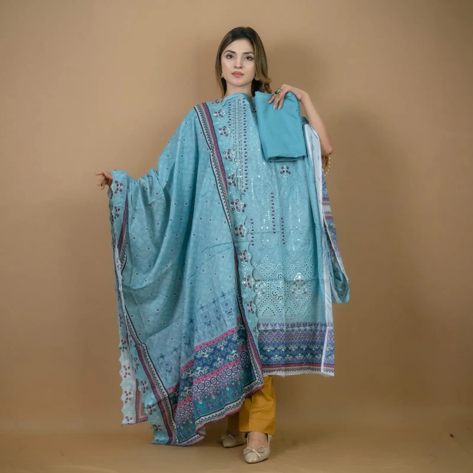 Sky Blue Embroidered Printed Lawn Salwar Kameez (Stitched/Unstitched) – C-12056
