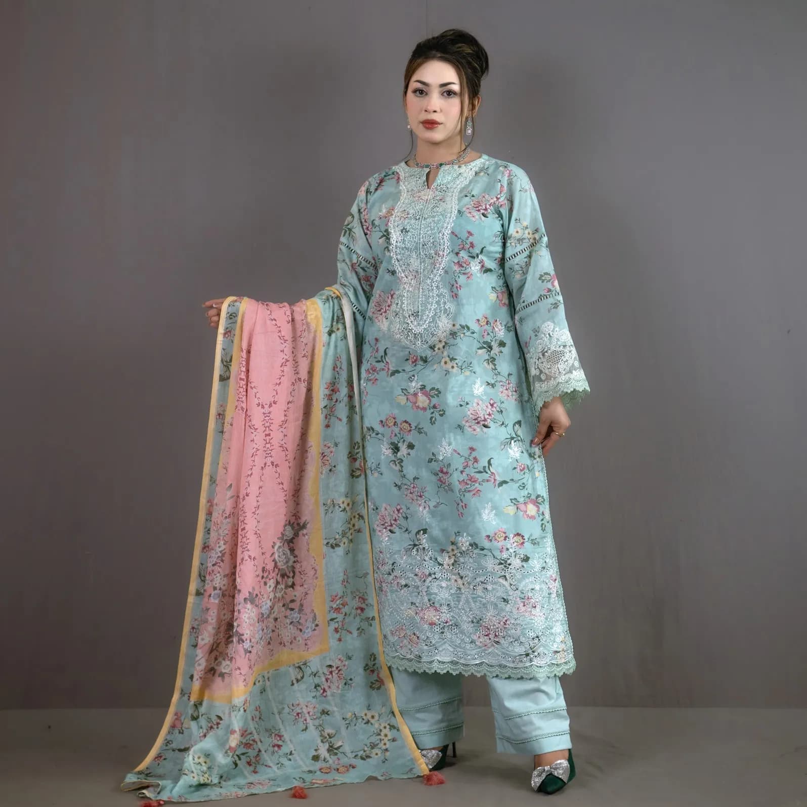 Aqua Embroidered Printed Cotton Salwar Kameez C-12096 – Stitching Available