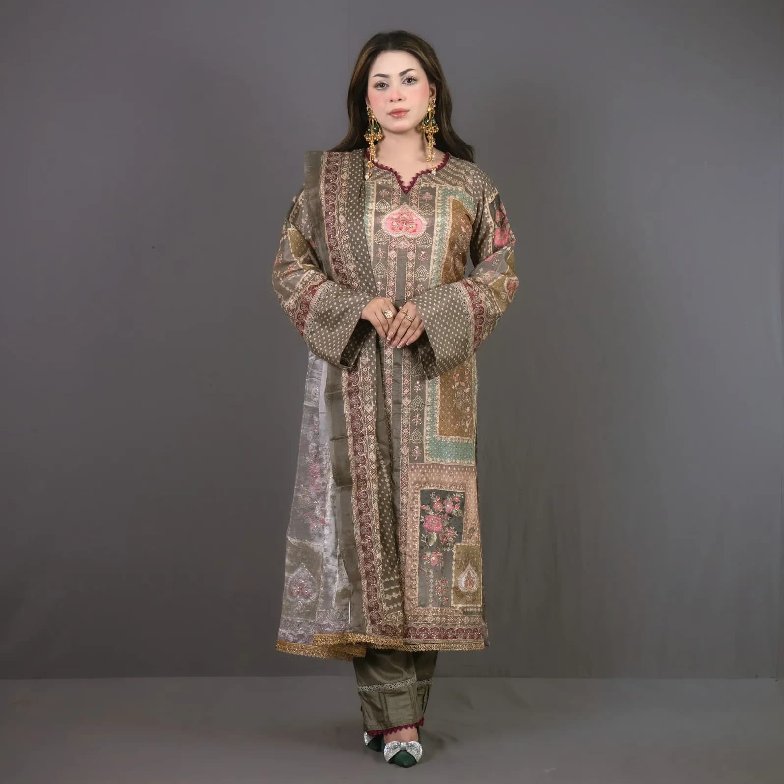 Golden Embroidered Silk Salwar Kameez – C-12133/ Stitching Available
