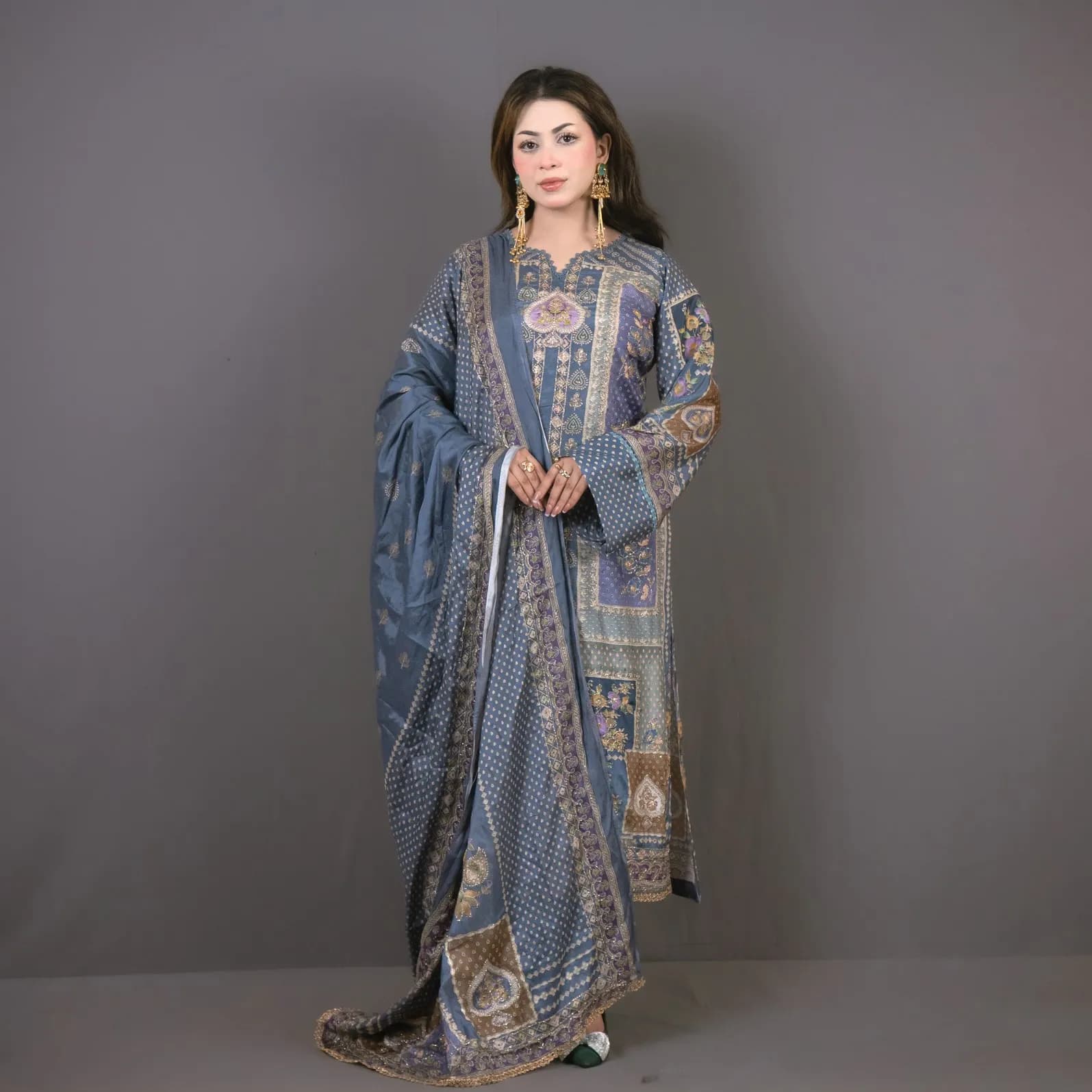 Dusty Blue Embroidered Printed Silk Salwar Kameez – C-12138/ Stitching Available
