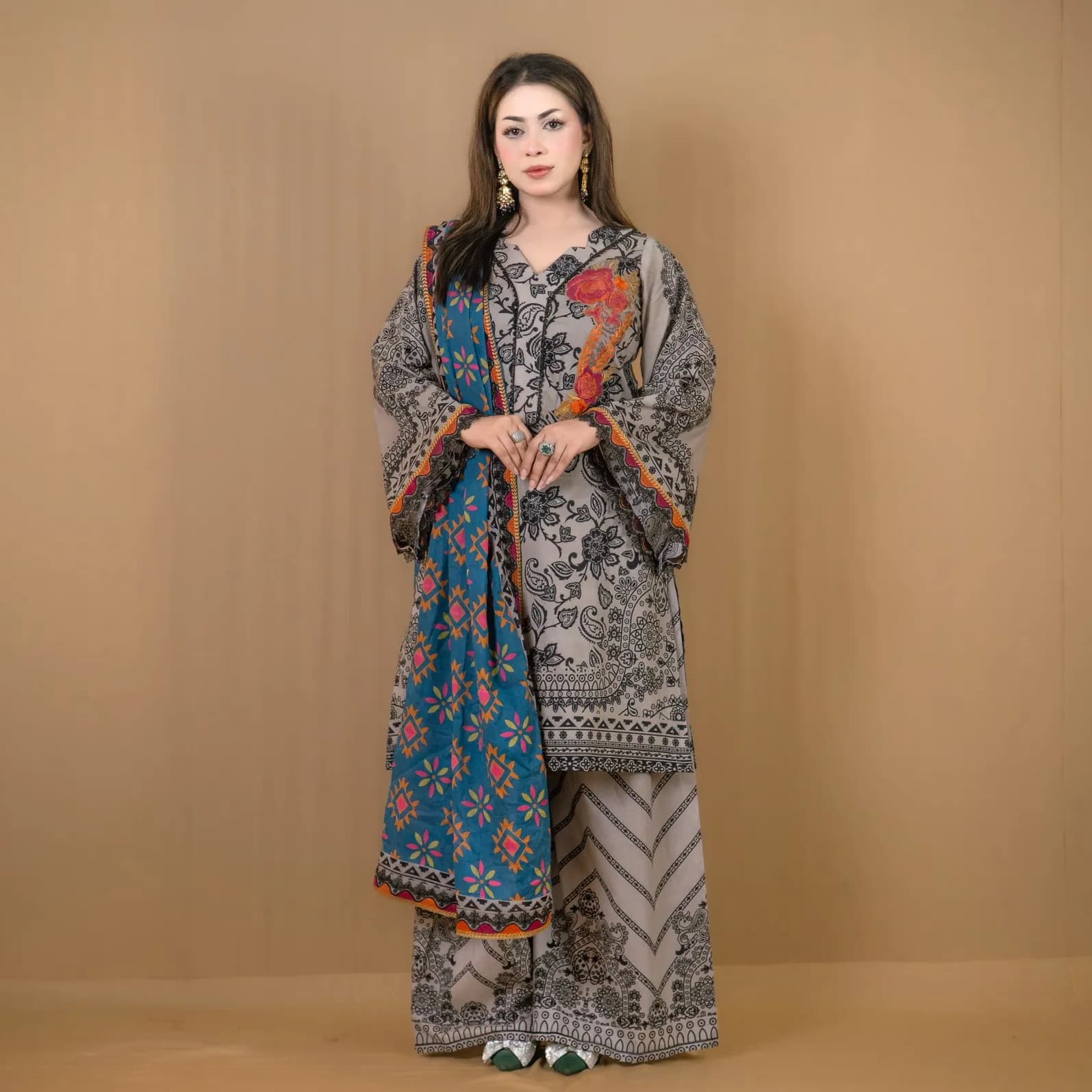 Ivory Embroidered Printed Cotton Salwar Kameez C-12128 – Stitching Available