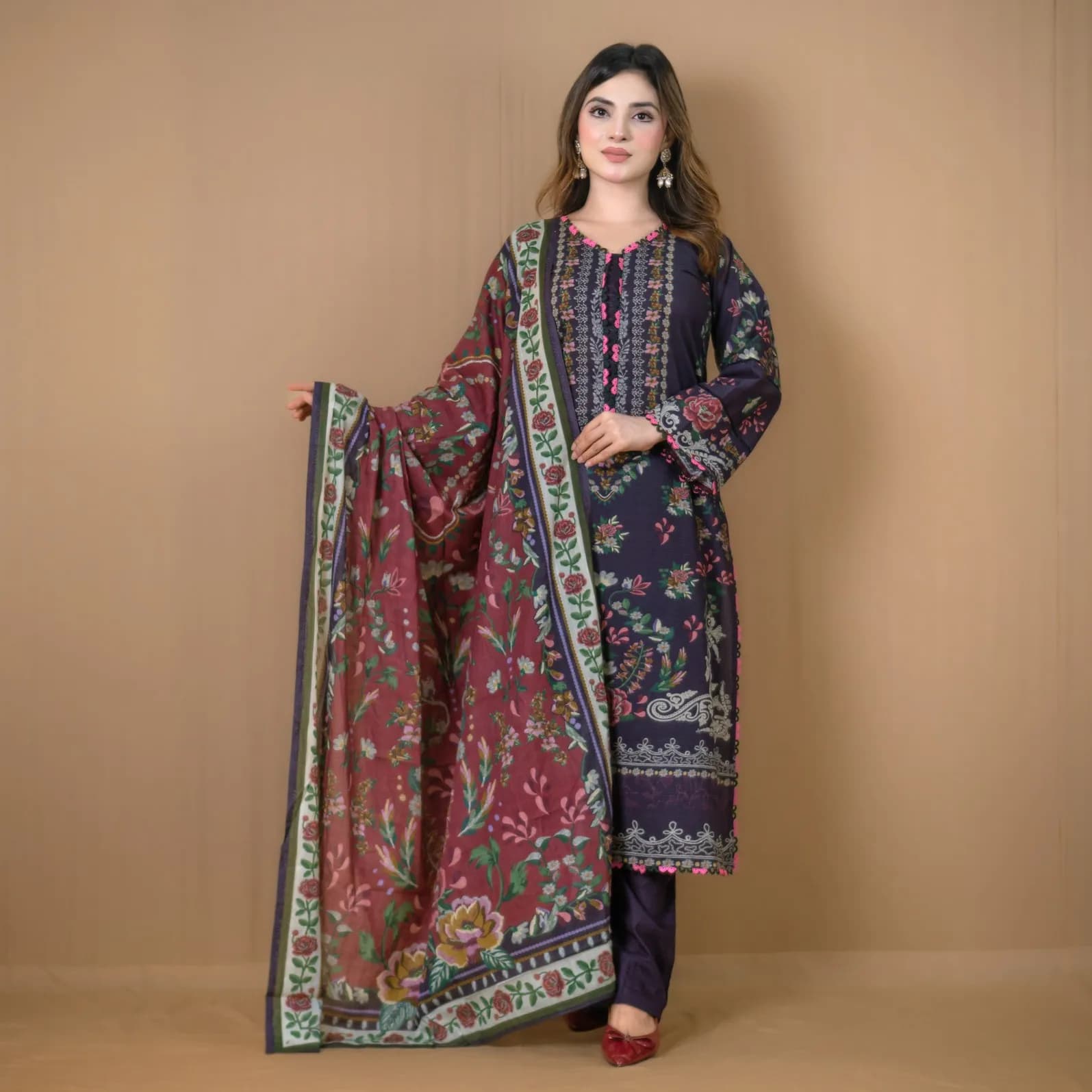 Deep Violet Printed Cotton Salwar Kameez C-12184 – Stitching Available