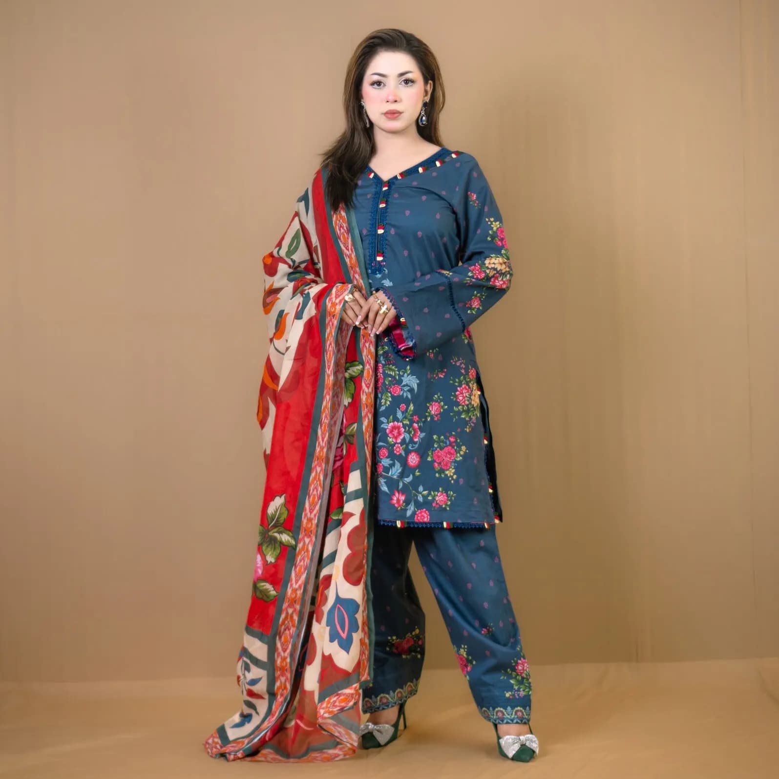Midnight Blue Printed Cotton Salwar Kameez – C- 12215-Stitching Available
