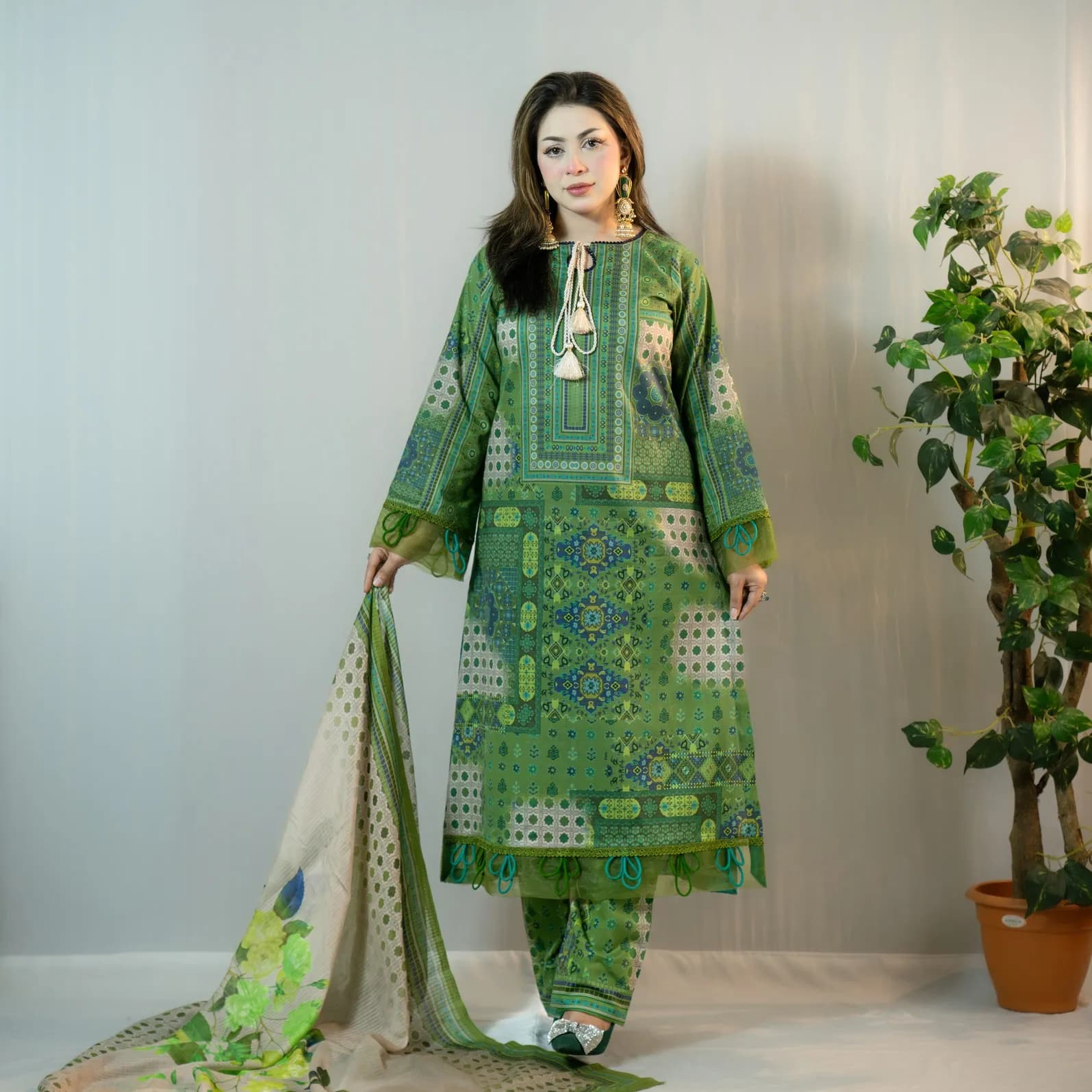 Green Printed Cotton Salwar Kameez –C-12253 Stitching Available